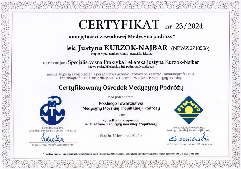 lek. Justyna KURZOK-NAJBAR - Certyfikat umiejętności zawodowej Medycyna podróży