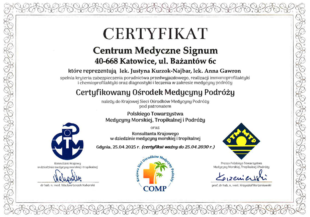 Certyfikat - Centrum Medyczne Signum - Certyfikowany Ośrodek Medycyny Podróży